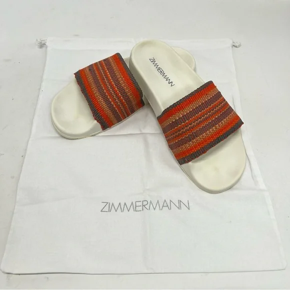 Zimmermann Beach Stripe Woven Raffia Pool Slides Red and Orange Sandals Women 39 - Picture 15 of 16